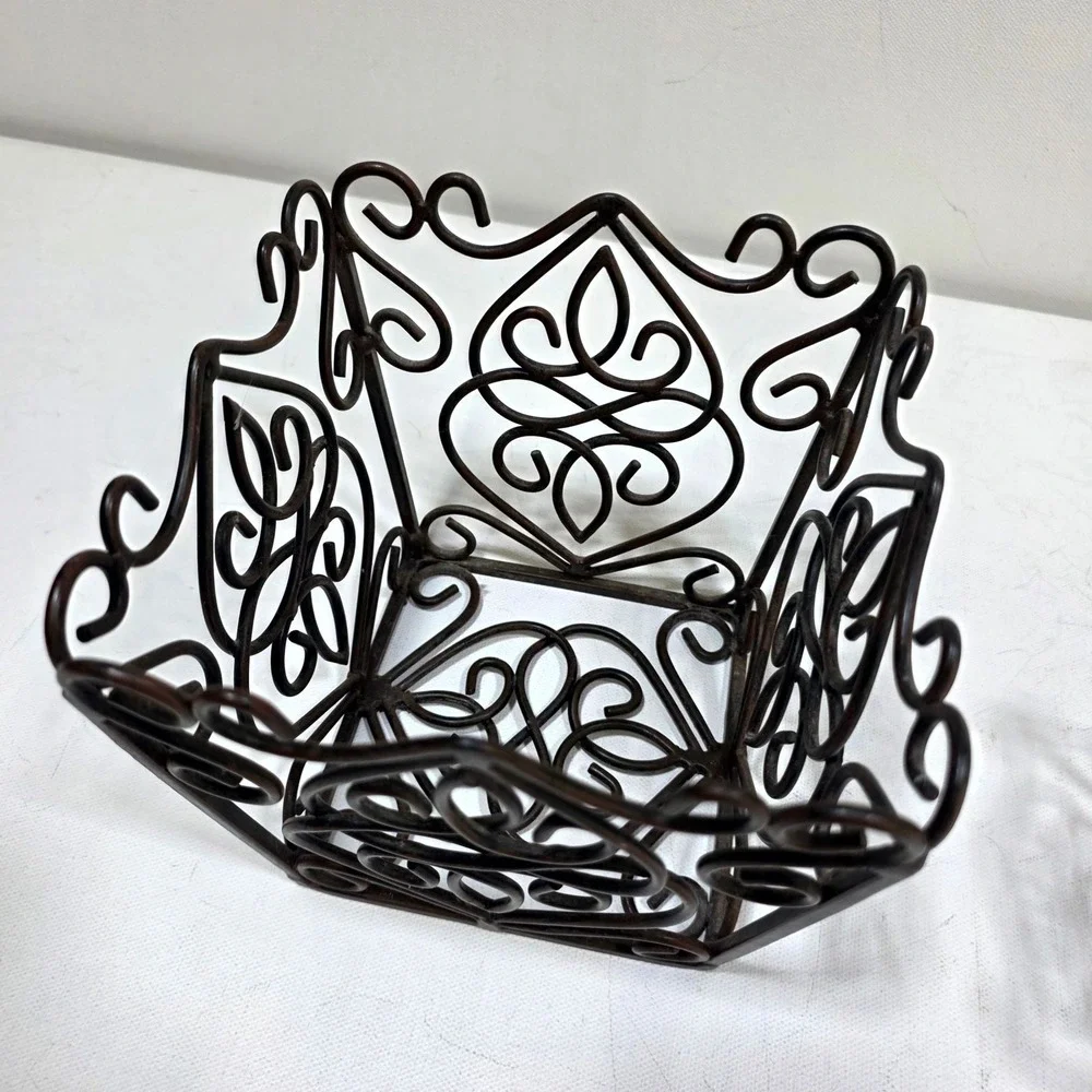 Wire Basket Farmhouse Set S/M Brown Scrollwork Wrought Iron Decor Chic Storage